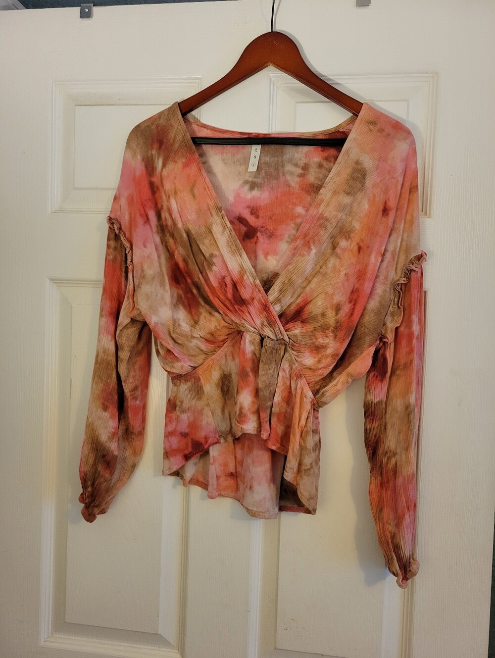 MTS Coral, Tan, Pink Wrap Front Tie Dye Blouse Size Large